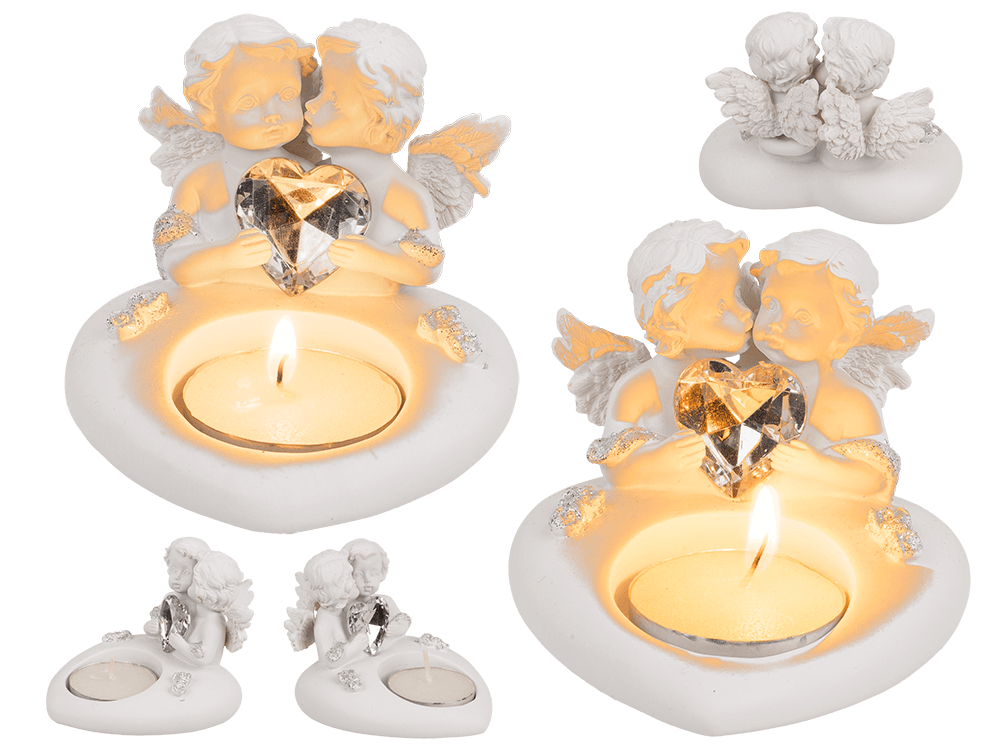 Polyresin heart tealight holder with double angel