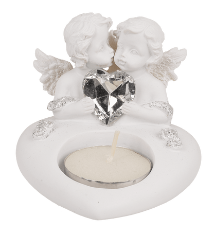 Polyresin heart tealight holder with double angel