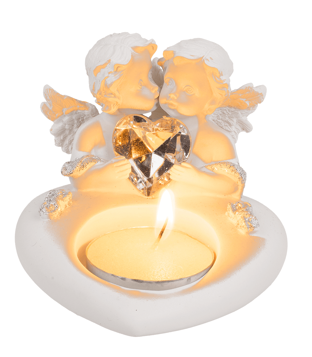 Polyresin heart tealight holder with double angel