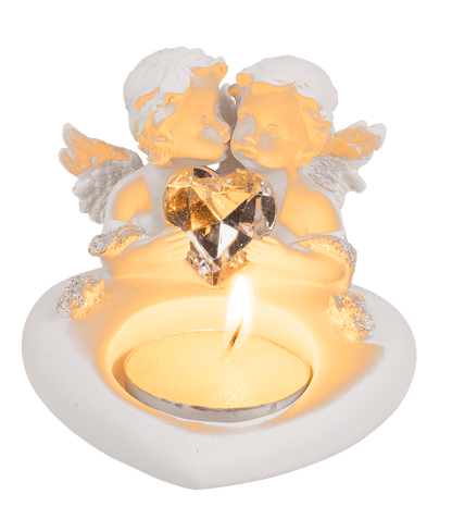Polyresin heart tealight holder with double angel