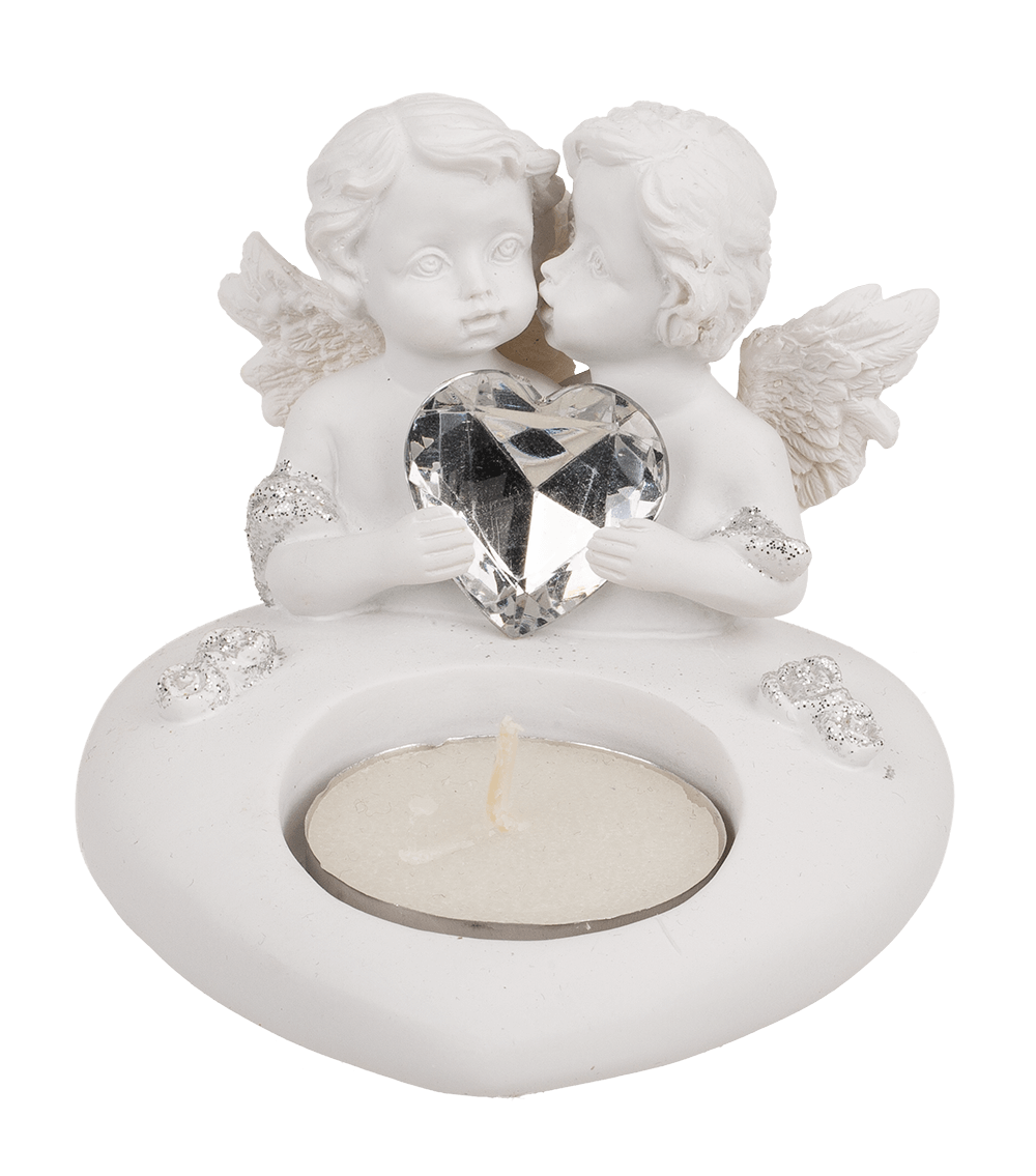 Polyresin heart tealight holder with double angel