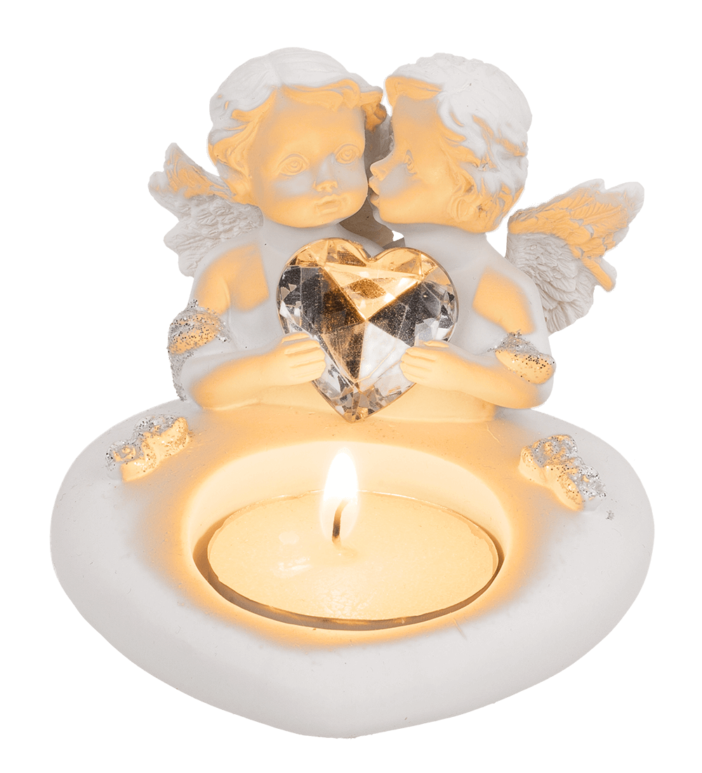 Polyresin heart tealight holder with double angel
