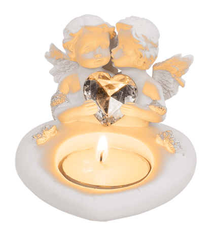Polyresin heart tealight holder with double angel