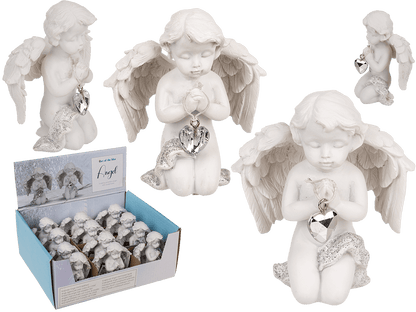 Kneeling polyresin angel with crystal heart,