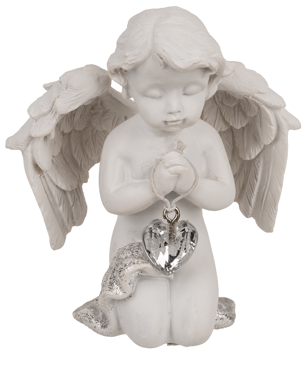 Kneeling polyresin angel with crystal heart,