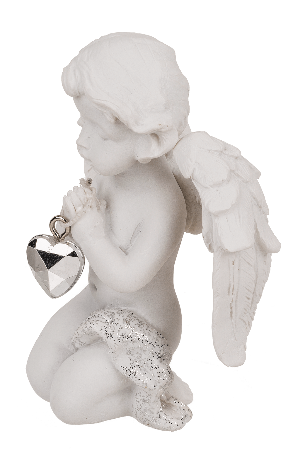Kneeling polyresin angel with crystal heart,