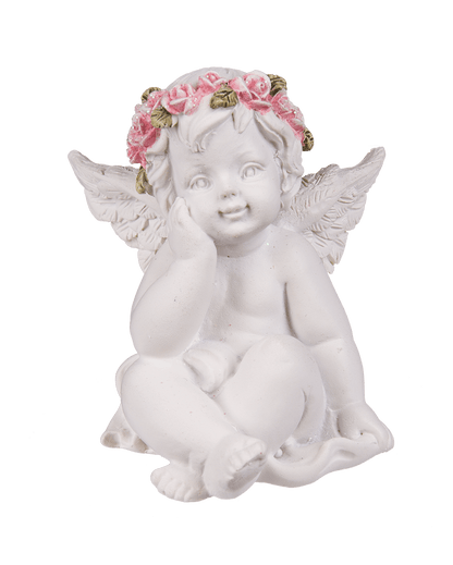Polyresin angel with pink rosary,
