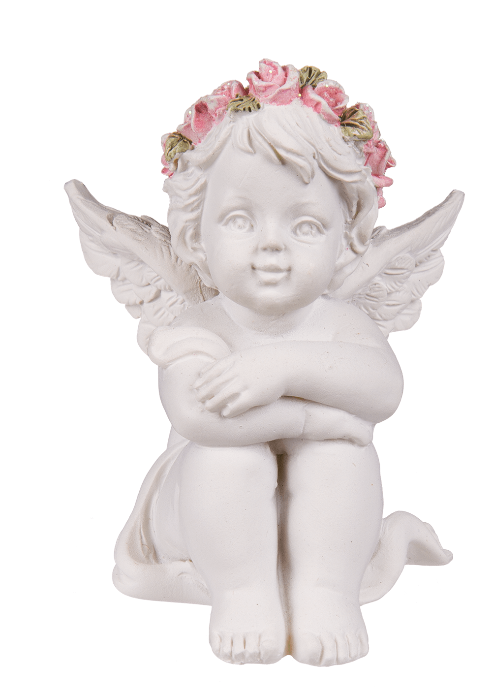 Polyresin angel with pink rosary,