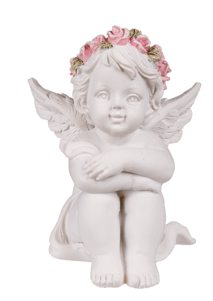 Polyresin angel with pink rosary,