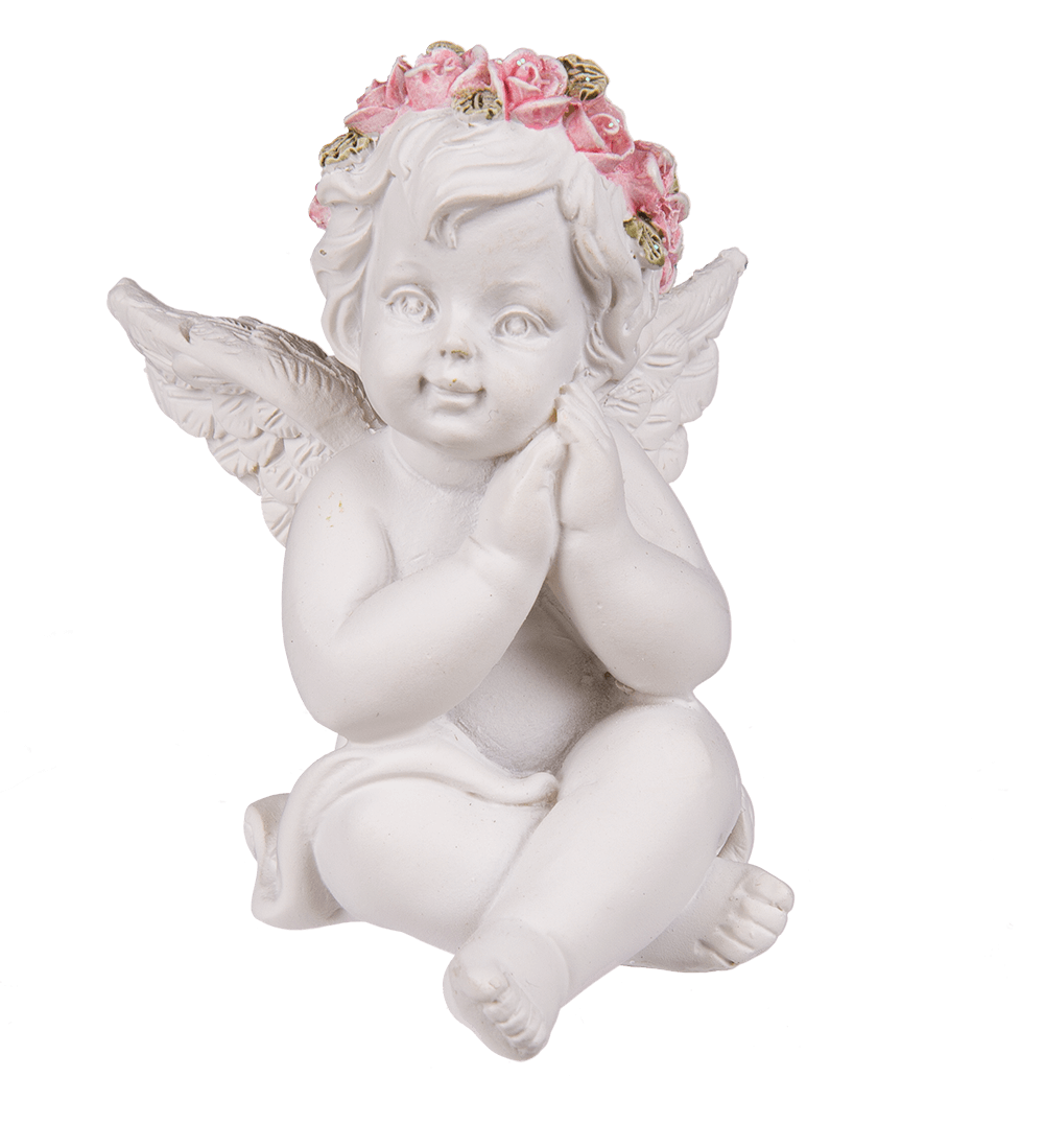 Polyresin angel with pink rosary,