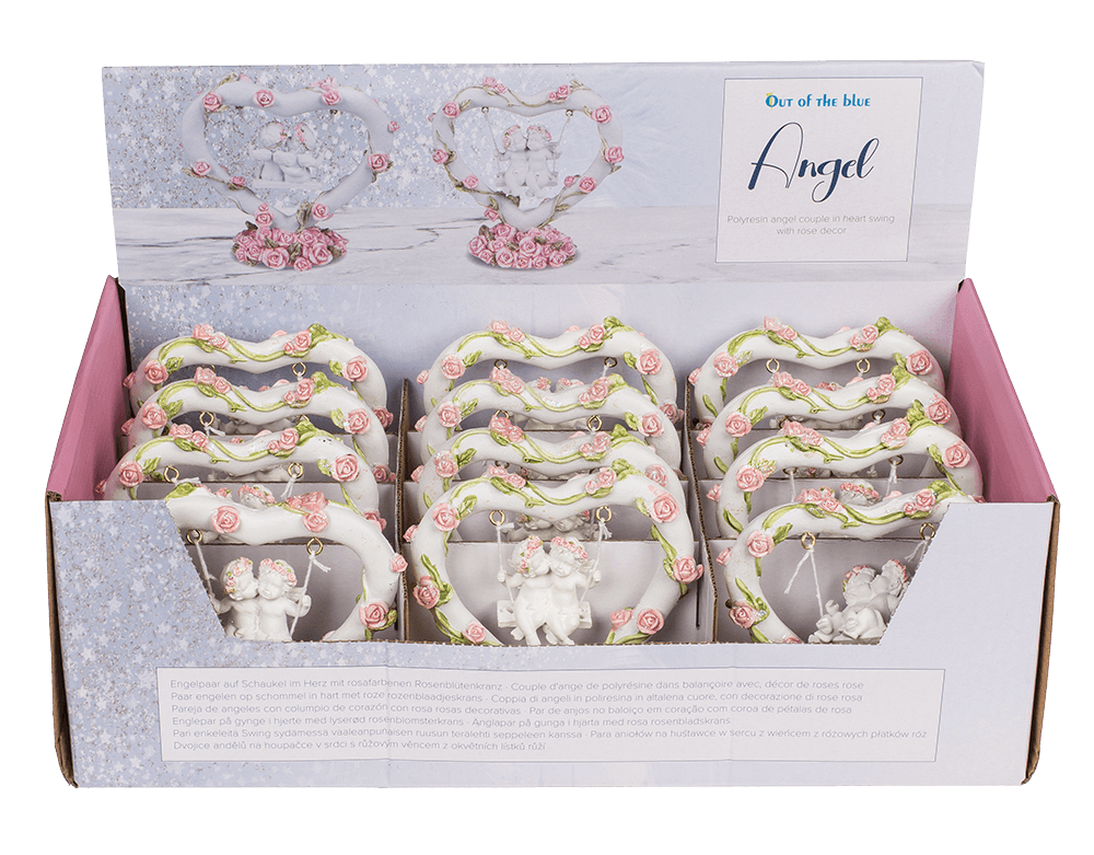 Polyresin angel couple in heart swing with pink,