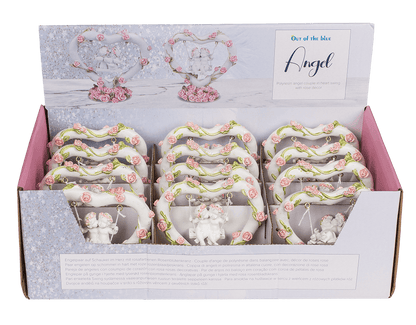 Polyresin angel couple in heart swing with pink,