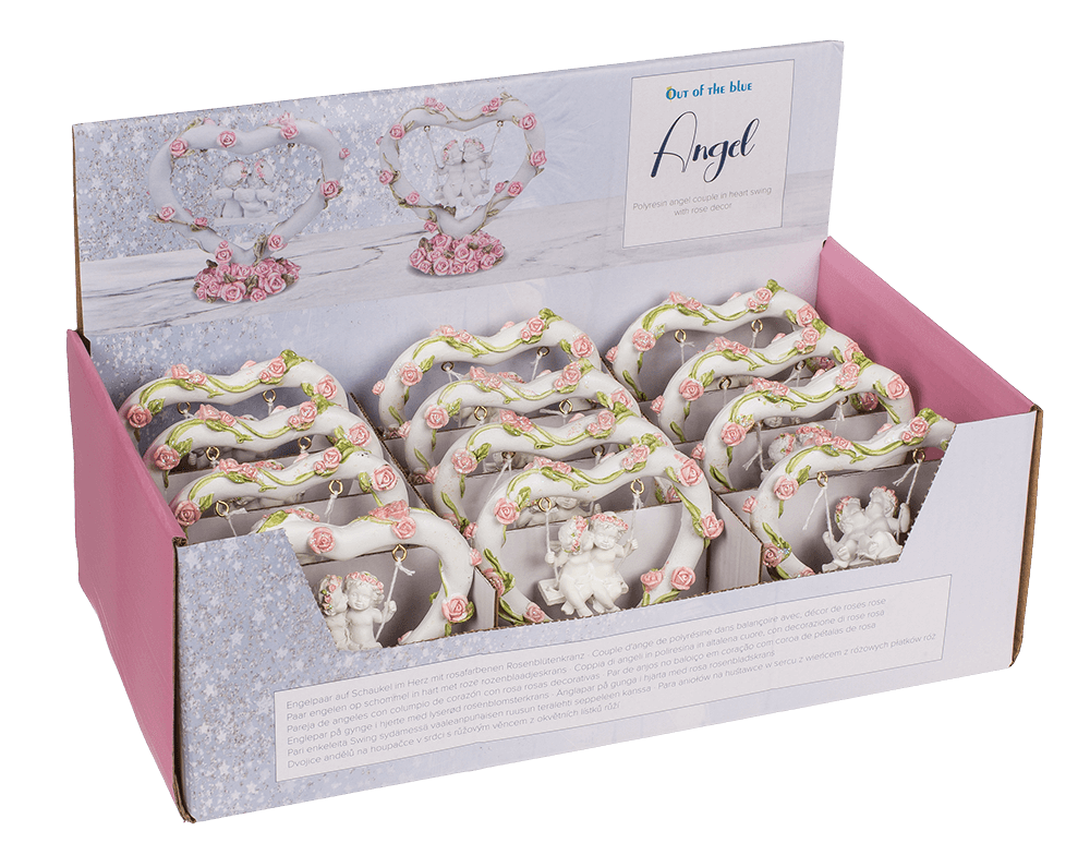 Polyresin angel couple in heart swing with pink,