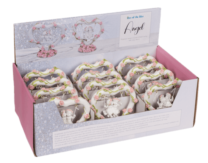 Polyresin angel couple in heart swing with pink,