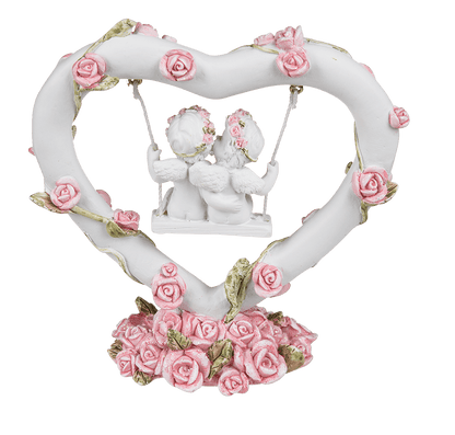 Polyresin angel couple in heart swing with pink,