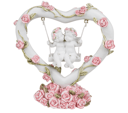 Polyresin angel couple in heart swing with pink,