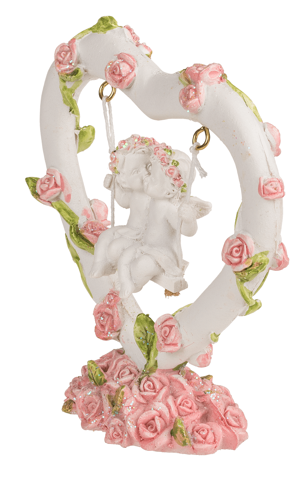 Polyresin angel couple in heart swing with pink,