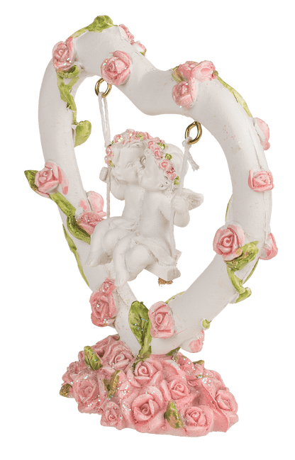 Polyresin angel couple in heart swing with pink,