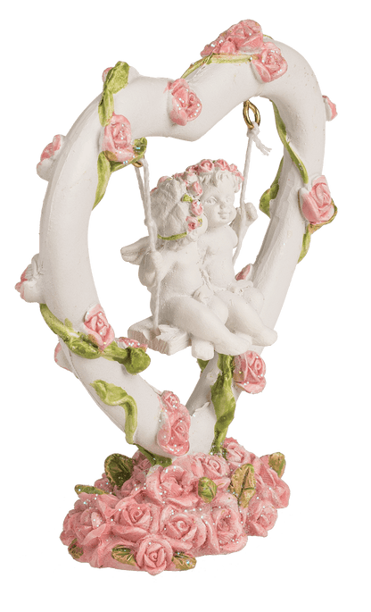 Polyresin angel couple in heart swing with pink,