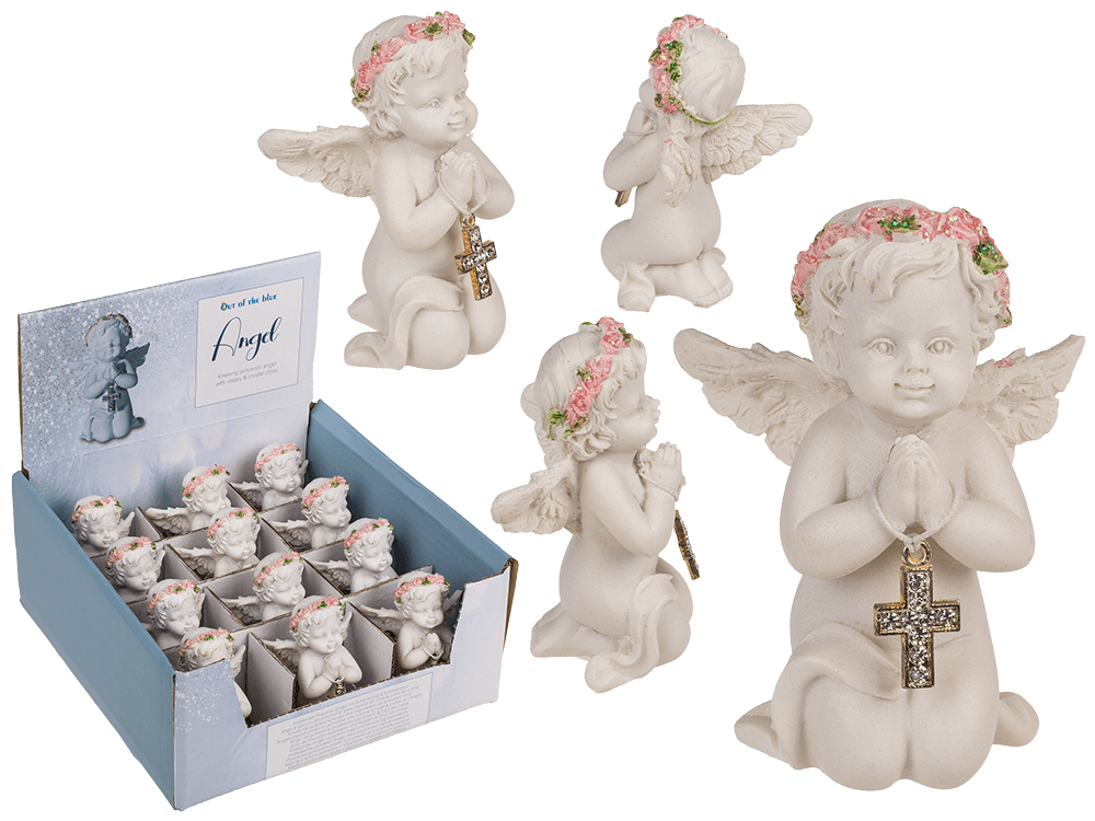 Kneeling polyresin angel with pink coloured