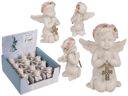 Kneeling polyresin angel with pink coloured