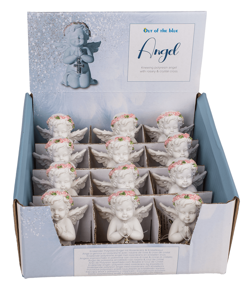 Kneeling polyresin angel with pink coloured