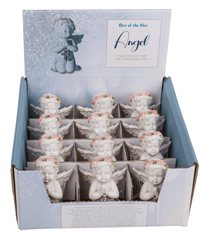 Kneeling polyresin angel with pink coloured