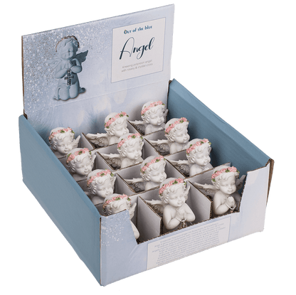 Kneeling polyresin angel with pink coloured