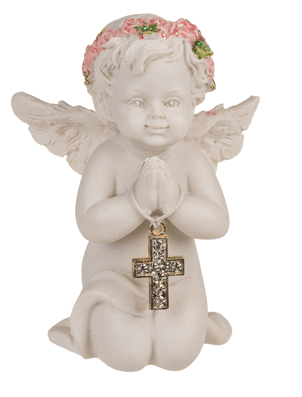 Kneeling polyresin angel with pink coloured