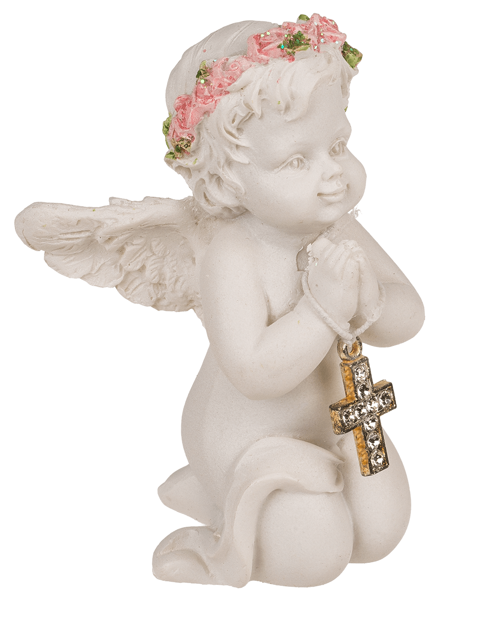 Kneeling polyresin angel with pink coloured