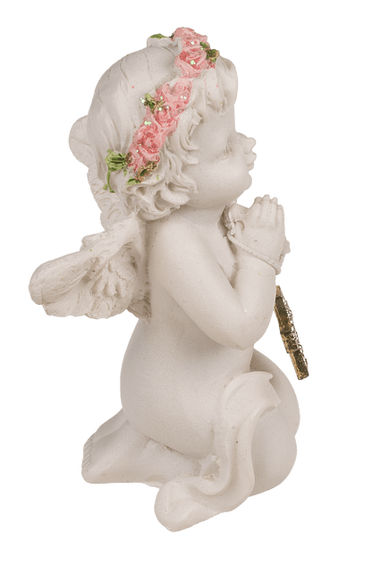 Kneeling polyresin angel with pink coloured