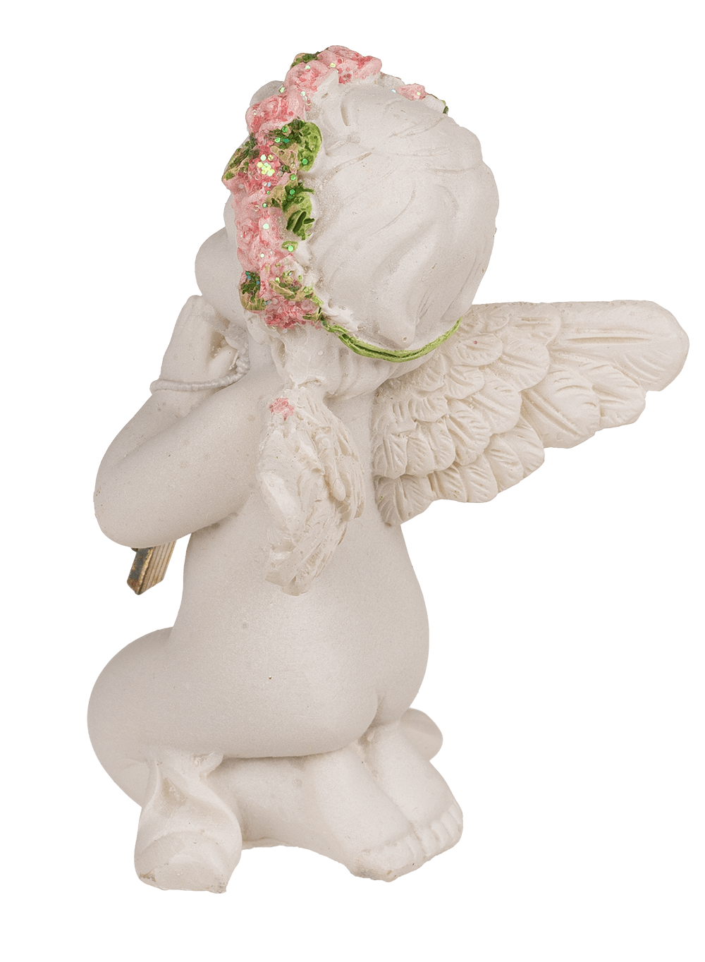 Kneeling polyresin angel with pink coloured