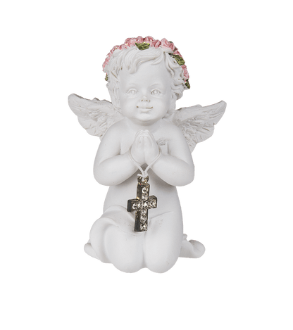 Kneeling polyresin angel with pink coloured