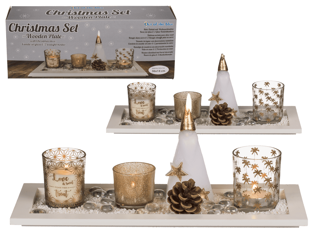 Christmas set with white wooden plate,