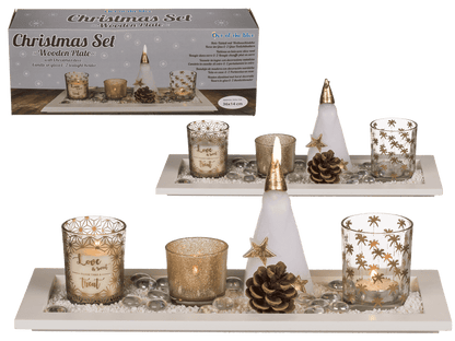 Christmas set with white wooden plate,