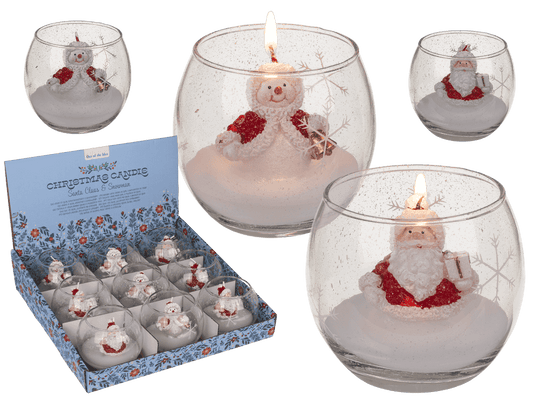 Candle in glass, Snowman and Santa,