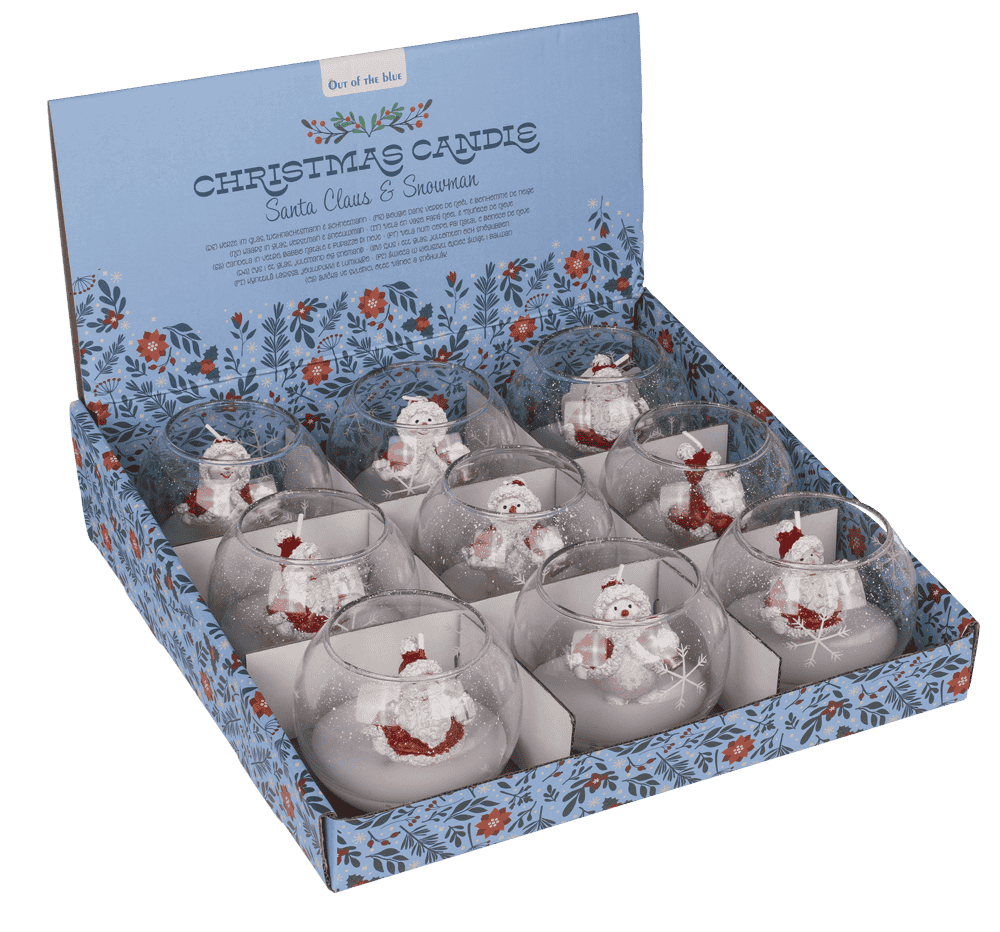 Candle in glass, Snowman and Santa,