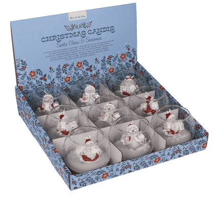 Candle in glass, Snowman and Santa,