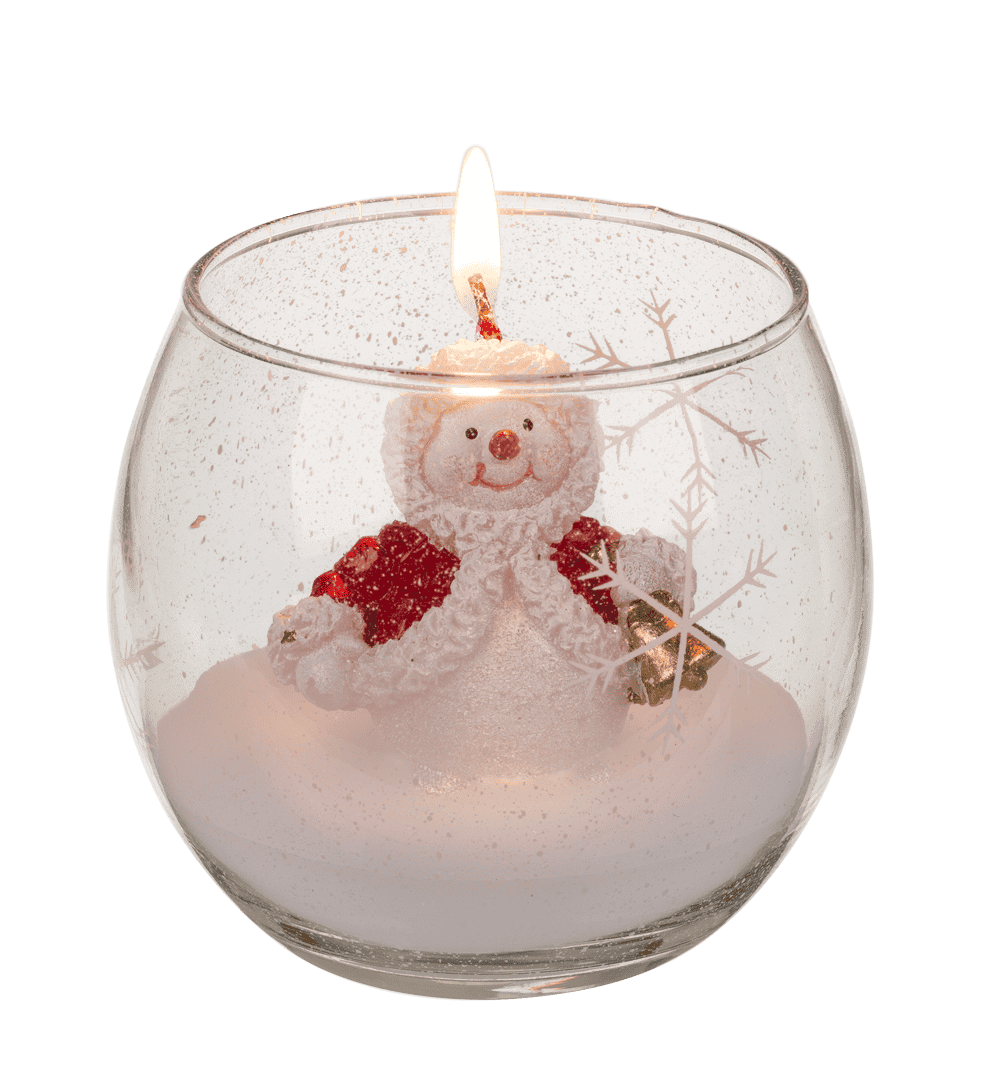 Candle in glass, Snowman and Santa,