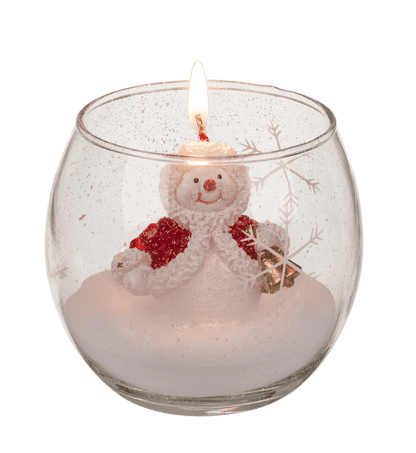 Candle in glass, Snowman and Santa,
