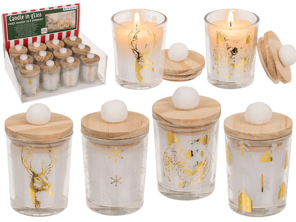 Candle in glass, with wooden lid & pompom,