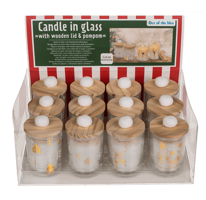 Candle in glass, with wooden lid & pompom,