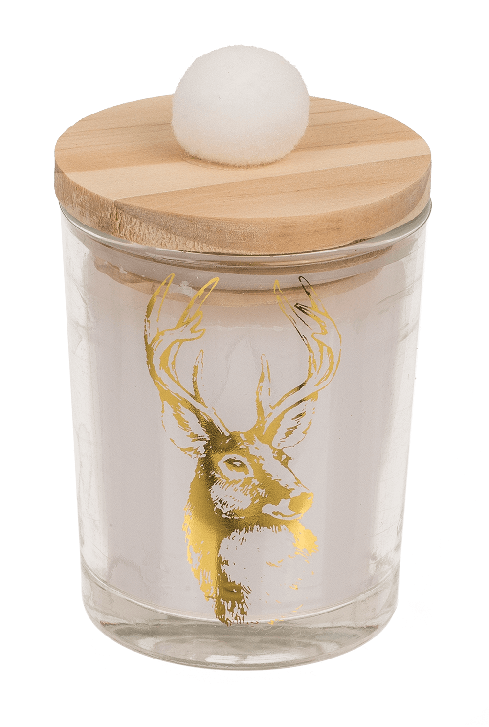 Candle in glass, with wooden lid & pompom,