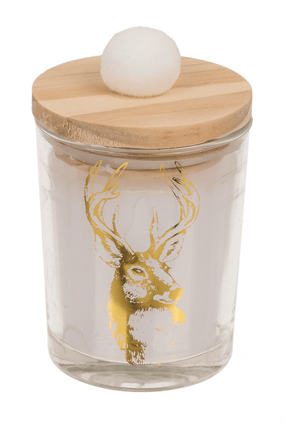 Candle in glass, with wooden lid & pompom,