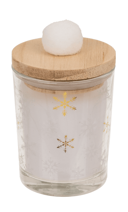 Candle in glass, with wooden lid & pompom,