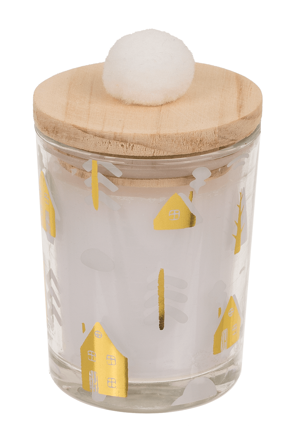 Candle in glass, with wooden lid & pompom,