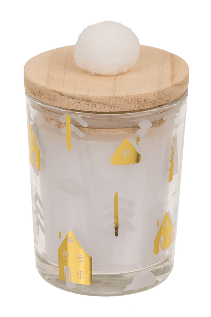 Candle in glass, with wooden lid & pompom,