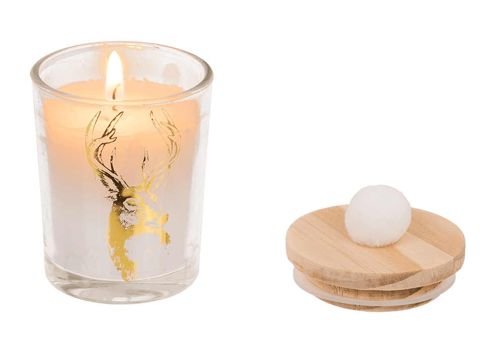 Candle in glass, with wooden lid & pompom,
