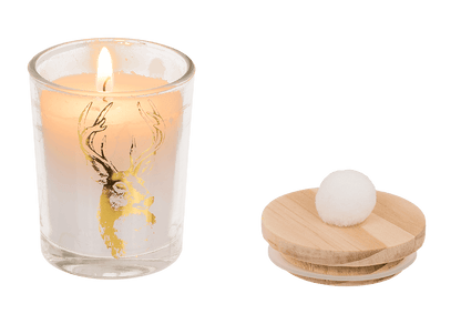 Candle in glass, with wooden lid & pompom,