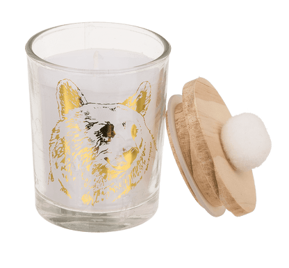 Candle in glass, with wooden lid & pompom,